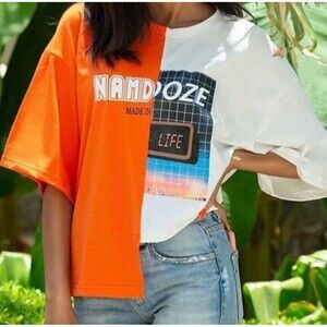 Graphic Print Colorblock Asymmetrical Hem Tee Size M